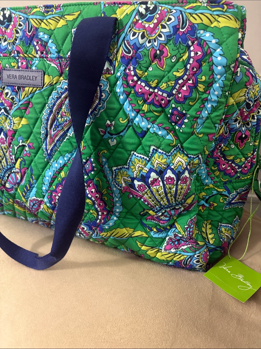Vera Bradley Emerald Paisley Quilted Travel Tote with Navy Straps - Picture 2 of 6